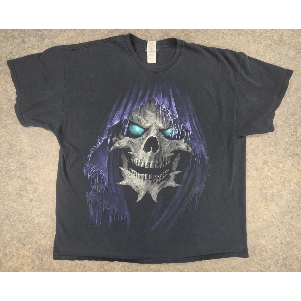 Gildan Y2K Mens 2XL Black Skeleton Reaper Graphic T-Shirt Purple Hood Demon